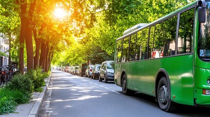 Fototapeta premium Green Bus on a Clean City Street Lined with Trees and Sunshine
