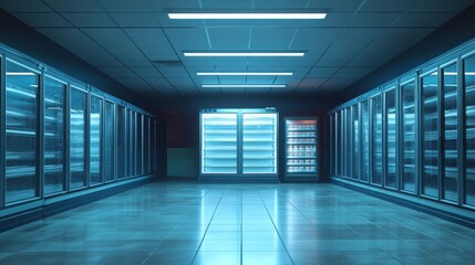 Obraz premium Empty refrigerated aisle at night, glowing blue. Perfect for themes of food storage, supply chain, or late-night shopping.