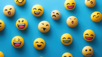 Fototapeta premium Collection of emoji-style smiley icons with various moods, scattered creatively on a bright blue background