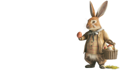 Easter bunny holding egg and basket with transparent background