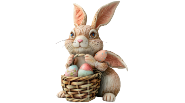 Easter bunny holding basket with colorful eggs on transparent background