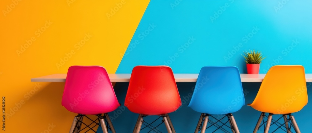 Aufkleber Vibrant Collaborative Workspace Minimalist Design Chairs in Color-Block Setting - Creative Innovation and Dynamic Team Productivity Visualization