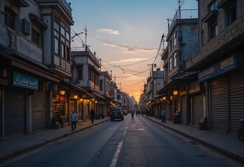 Fototapeta premium Sunset Serenity: A Serene Evening Street Scene in a Quaint City