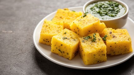 Delicious Steamed Savory Snack Squares with Green Chutney Dip