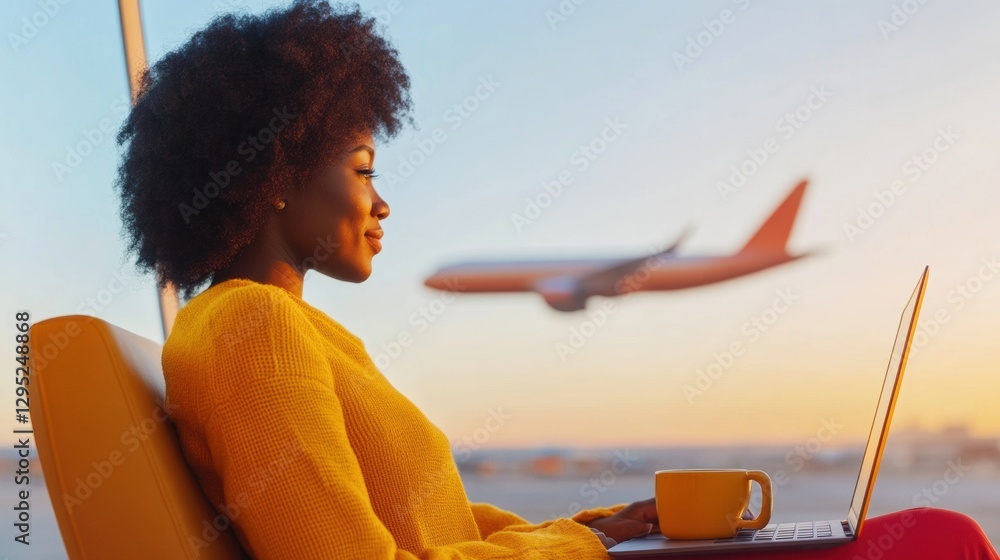Poster empowered digital nomad vibrant gen z professional transforms airport lounge into dynamic workspace 