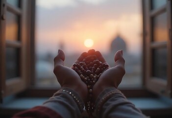 Sunset Serenity: Hands Holding Wooden Beads at Golden Hour