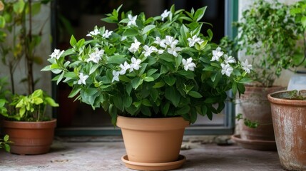 Fototapeta premium White flowers in terracotta pot on patio with other plants