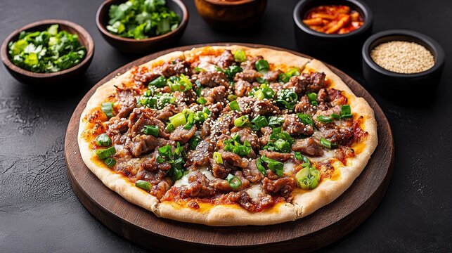 Delicious freshly baked pizza topped with beef and vegetables, surrounded by various sauces and herbs