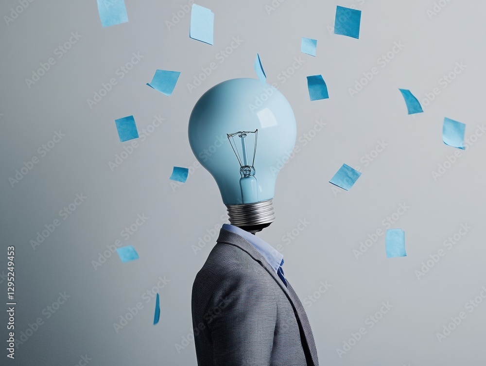 Poster innovative mindset visualization surreal corporate creativity with lightbulb head and floating blue 