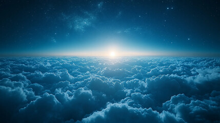 Hyperrealistic night sky with deep blue hues, glowing stars and wispy clouds, symbolizing mystery, infinite possibilities, and cosmic wonder in a modern artistic atmosphere
