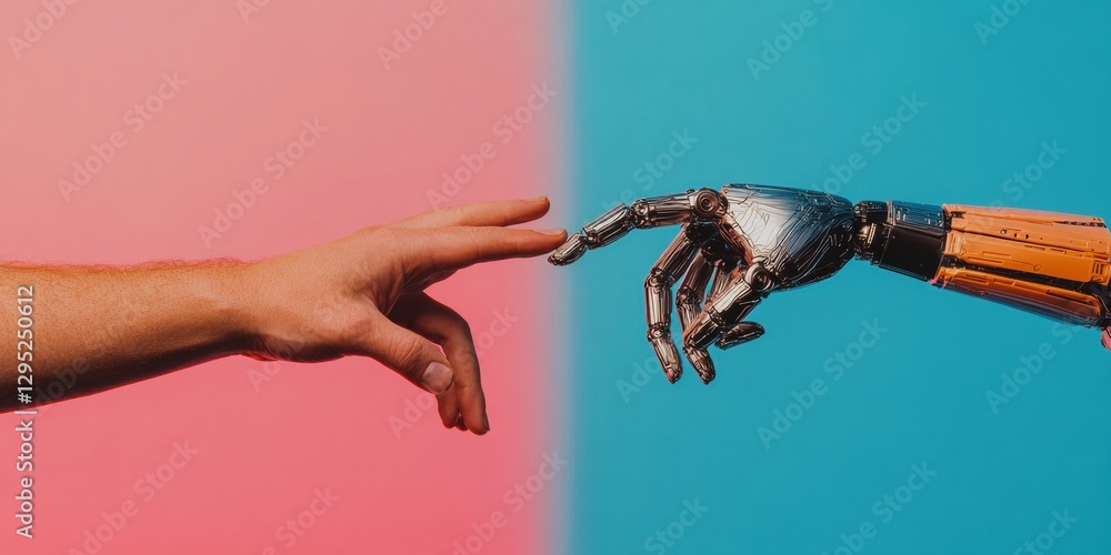 Poster Next-Gen AI Convergence Human and Robotic Hands Touching in Minimalist Futuristic Interface - Breakthrough Tech Collaboration Visualized