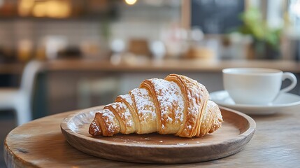 A Delicious Croissant on a Wooden Plate in a Cozy Cafe