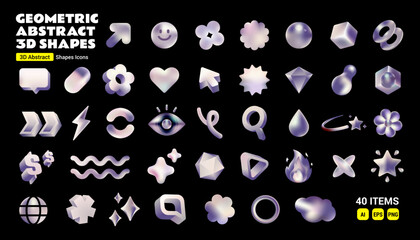 Geometric Abstract 3D Shapes Icons Set Silver Metallic color, Futuristic holographic isolated element vector illustration collection