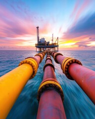 Offshore Energy Transformation Industrial Sunset Landscape Showcasing Resilient Global Oil Infrastructure and Emerging Sustainable Production Technologies