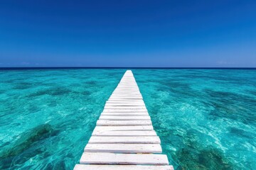 Fototapeta premium Minimalist Aerial Imagery Pristine Wooden Pier over Turquoise Waters for Luxury Destination Marketing and Coastal Resort Branding, Inspiring Eco-Friendly Travel and Exploration