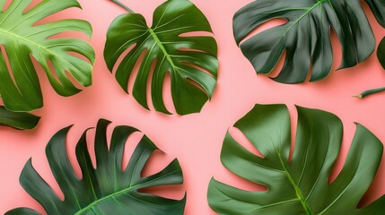 Fototapeta premium Vibrant tropical leaves in a flat lay design, embodying simplicity and summer essence. 