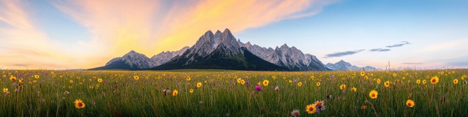 Obraz premium Eco-Wellness Panorama Alpine Wildflower Meadow Meets Dramatic Mountain Horizon - Sustainable Adventure Marketing for Mindful Outdoor Enthusiasts