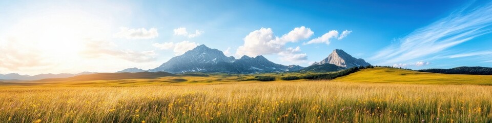 Fototapeta premium Epic Alpine Wilderness Golden Meadow Panorama Inspiring Eco-Adventure Marketing with Expansive Mountain Freedom and Sustainable Outdoor Lifestyle Narrative
