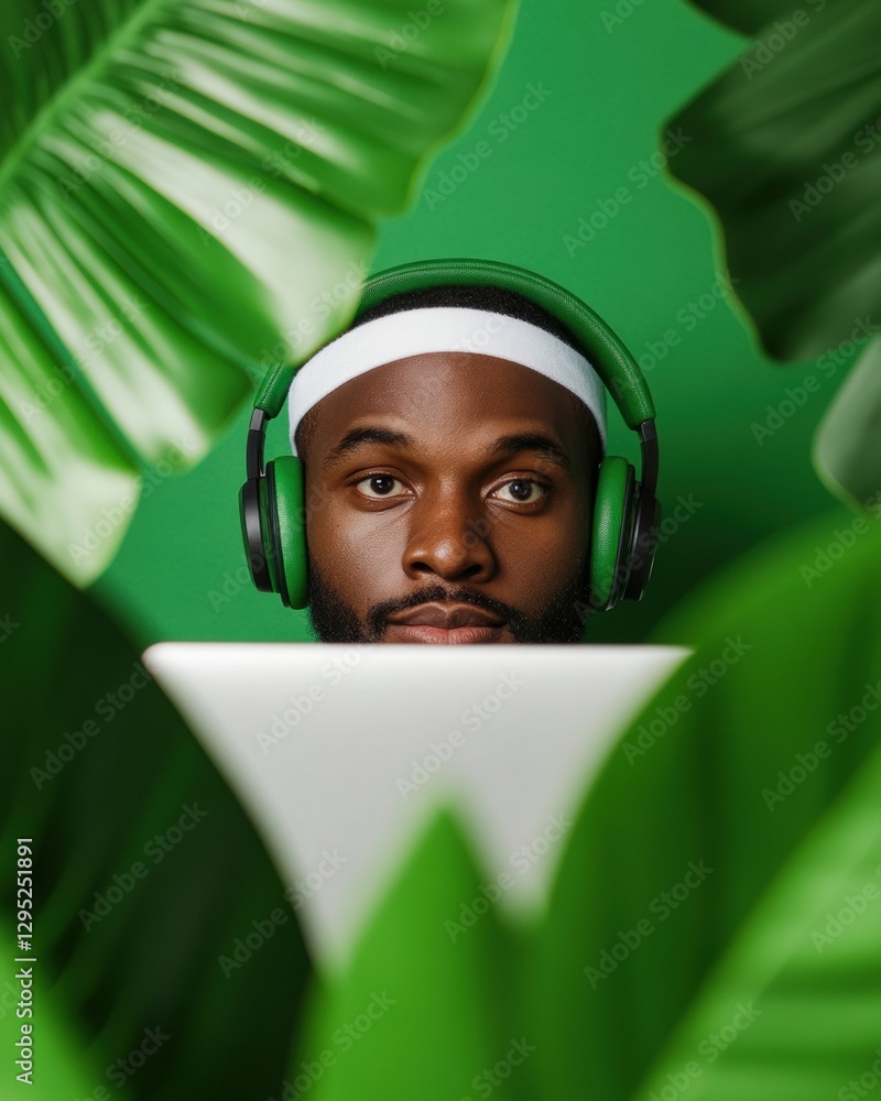 Poster immersive green tech productivity minimalist workspace design with noise-canceling headphones and bi