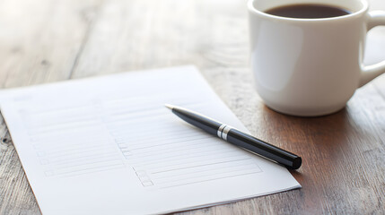 A thoughtfully prepared smart goal-setting worksheet rests on a sleek wooden desk, its sections neatly divided for efficient planning. A precision-point pen lies diagonally across the page,