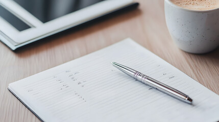 A smart goal-setting worksheet is placed neatly on a wooden desk, with bullet points outlining key objectives. A silver pen rests on the page, its polished surface reflecting soft light. A cup of