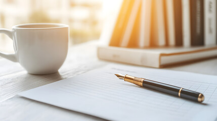 A detailed smart goal-setting worksheet with clearly defined sections for structured planning rests on a desk bathed in warm natural light. A fountain pen lies poised beside it. In the background, a