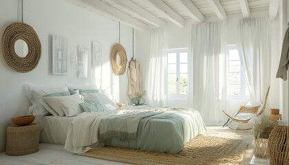 Serene Greek bedroom with white walls and seafoam green accents 3. Generative AI