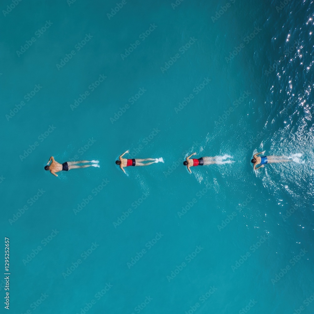 Poster minimalist aquatic precision synchronized swimmers revealing algorithmic movement and performance de