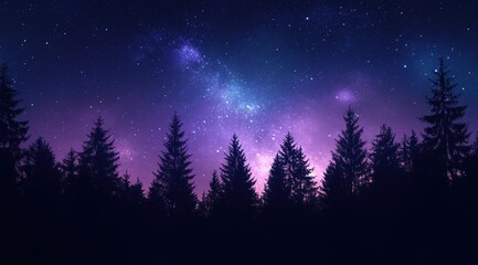 Fototapeta premium Silhouette of Pine Trees Against a Vibrant Purple and Pink Night Sky with Milky Way