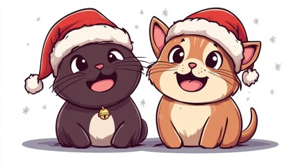 Naklejka premium dog and cat in santa hats isolated catoon