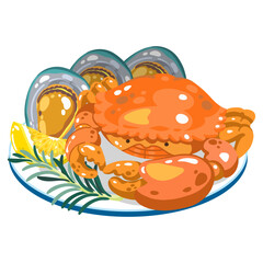 Seafood vector crab and green mussels plate