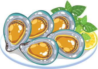 Seafood vector green mussels and basil plate