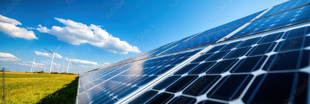 Poster Next-Gen Clean Energy Landscape Innovative Solar Panel Array with Wind Turbines Transforming Agricultural Spaces into Sustainable Power Ecosystems