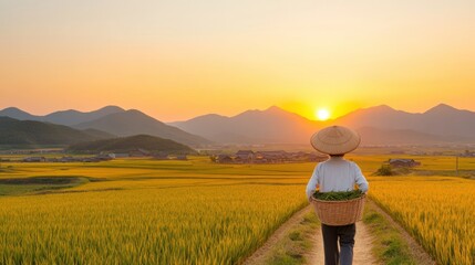 Fototapeta premium Mindful Harvest Slow Living and Sustainable Agriculture in Golden Korean Rice Fields - Eco-Friendly Lifestyle Capturing Rural Wellness