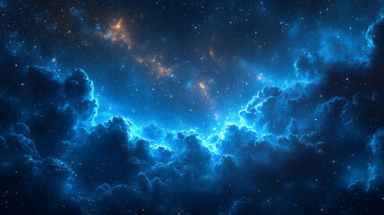 Fototapeta premium Hyperrealistic night sky with deep blue hues, glowing stars and wispy clouds, symbolizing mystery, infinite possibilities, and cosmic wonder in a modern artistic atmosphere