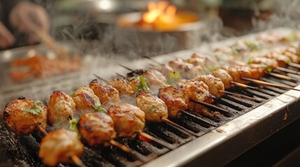Grilled Skewers Cooking Over Flames in a Street Food Setting