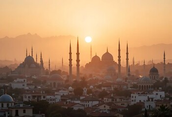 Obraz premium Sunset Silhouette: Golden-Hour Mosques and Cityscape