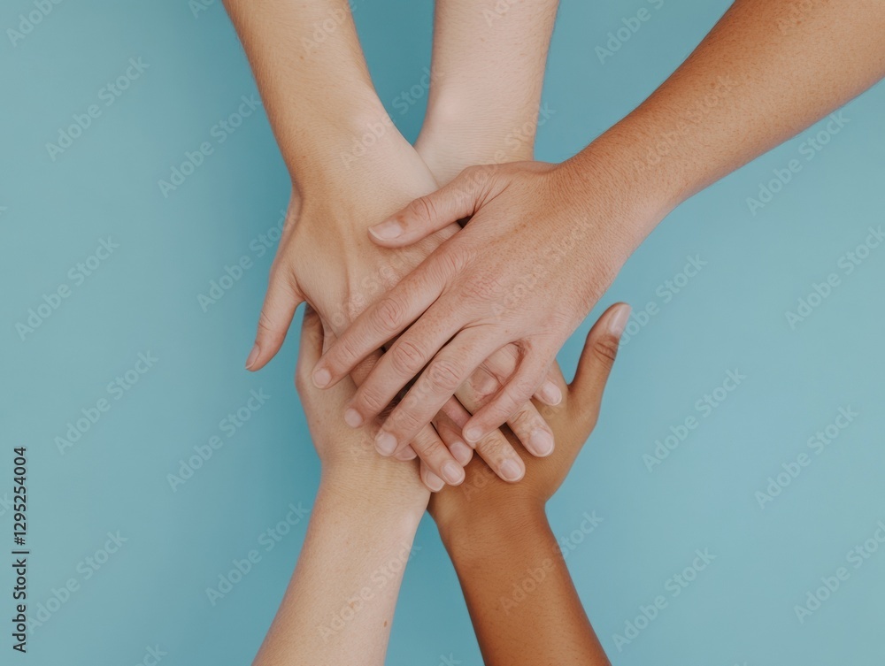 Poster inclusive unity branding multicultural hands connecting in minimalist blue workspace - empowerment, 