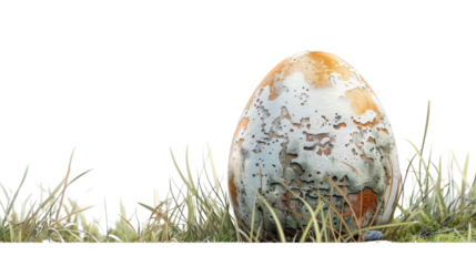 Large weathered and moldy egg resting in grass on a transparent background