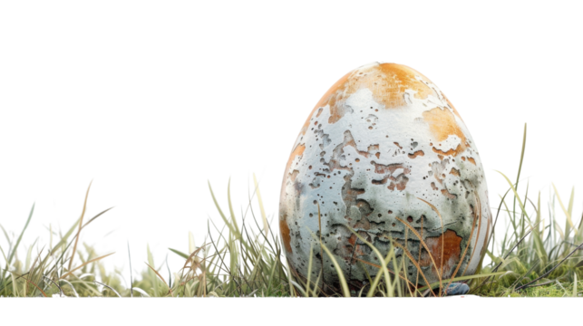 Large weathered and moldy egg resting in grass on a transparent background