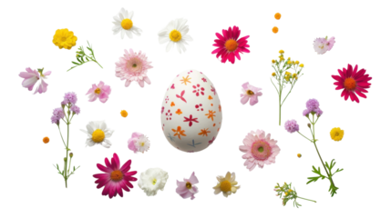 Easter egg decorated with colorful flowers on transparent background