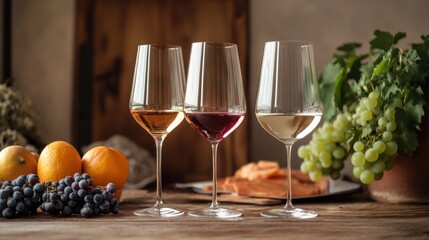 Naklejka premium Wine tasting experience; glasses of red, white, and ros? wine on rustic wooden table; fruits and appetizers