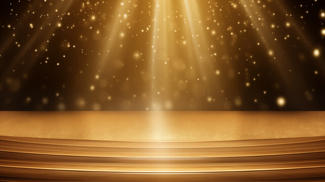 Gold stage background with golden lights and glitter, a glittery background for an award ceremony or concert