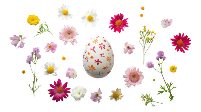Easter egg decorated with colorful flowers on transparent background