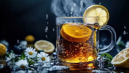Hot Tea with Lemon and Chamomile in Glass Mug
