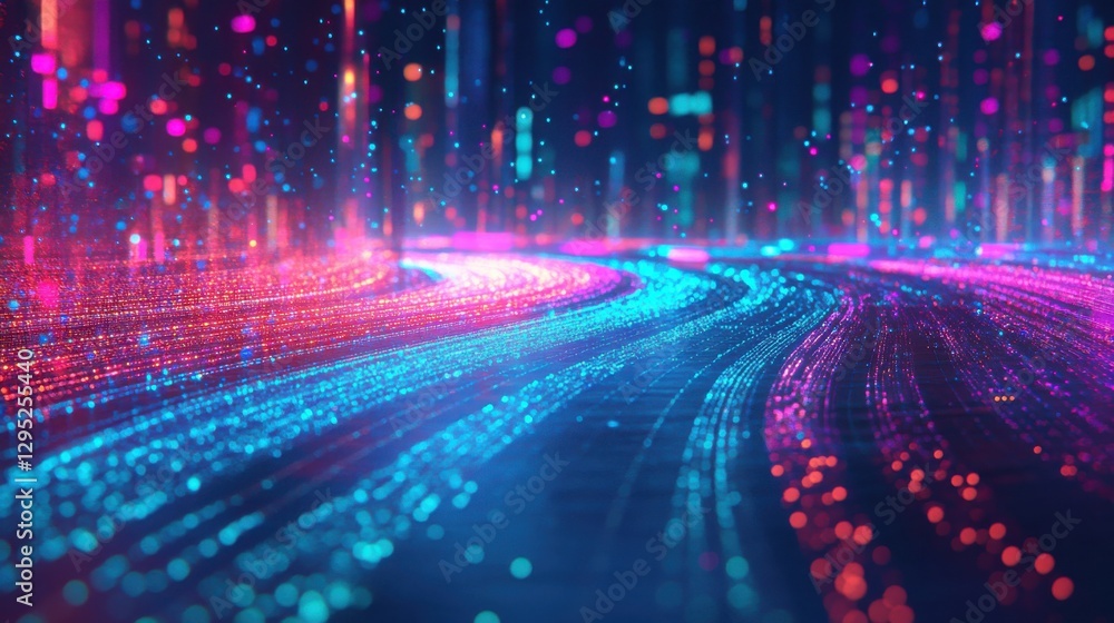 Poster vibrant neon light trails creating abstract patterns in digital space for futuristic background or t