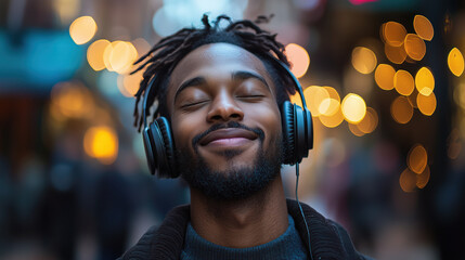 man with headphones enjoys music in vibrant city street with bokeh lights