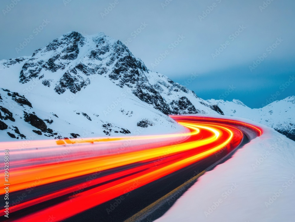 Poster dynamic winter motion high-performance vehicle light trails cutting through alpine landscape - break
