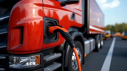 Fototapeta premium Electric truck charging at a transport hub with vehicles in the background during daylight