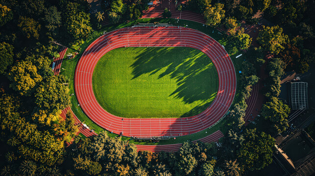 Aerial view of red running track surrounded by lush green trees, creating vibrant contrast. track encircles grassy field, with shadows cast by trees adding depth to scene